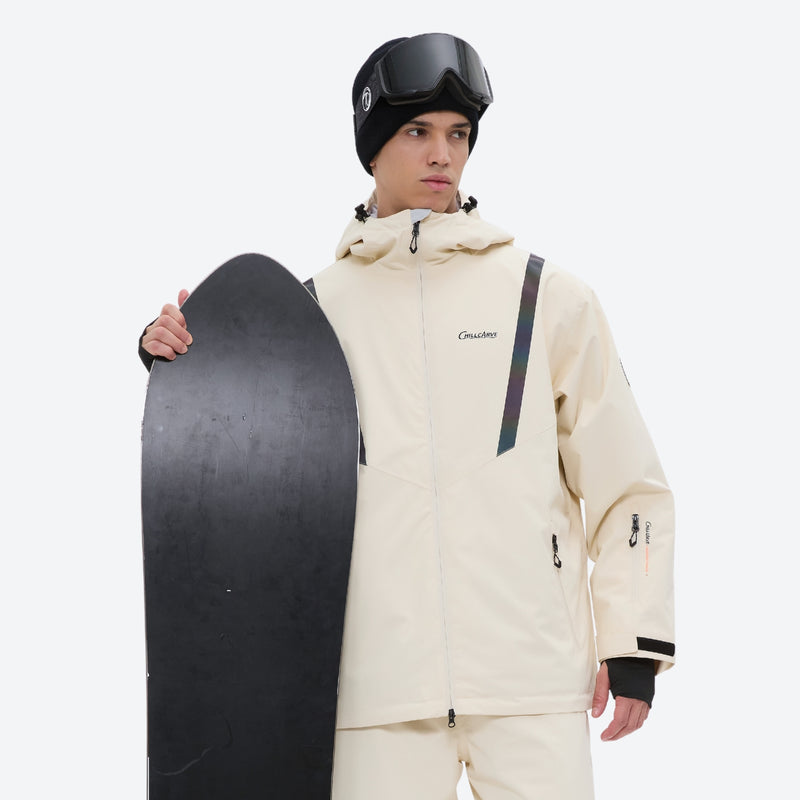 Men's waterproof 2L snow jacket and pants set - cream, on-model front with upright snowboard, for cold-weather winter sports