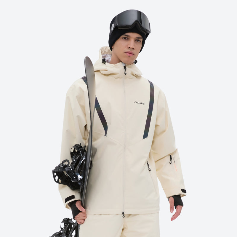 Men's breathable ski jacket with reflective trim - cream, front with snowboard on shoulder, for skiing and snowboarding