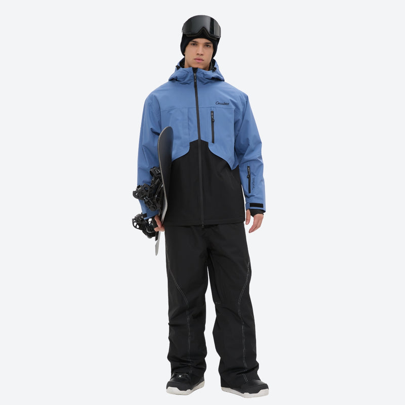 Men's colorblock snowboard jacket and pants - blue and black colorblock, on-model front view, for powder and piste riding
