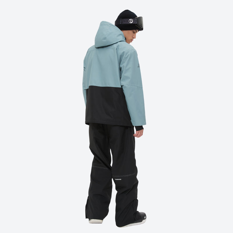 Waterproof 2L snow jacket and pants set - dusty blue and black colorblock, for resort and powder riding
