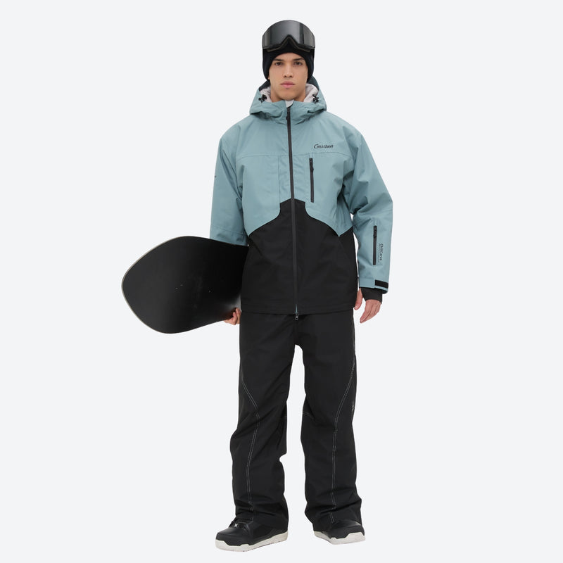 Breathable 2L snowboard jacket and pants - dusty blue and black colorblock, for all-mountain and backcountry days