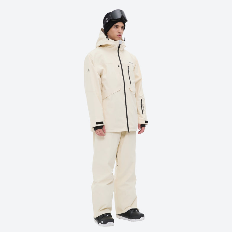 Men's colorblock snowboard jacket and pants - cream, on-model three-quarter front view, for powder and piste riding