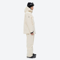 
                  
                    Men's waterproof 2L snow jacket and pants set - cream, on-model hood side view, for cold-weather winter sports
                  
                