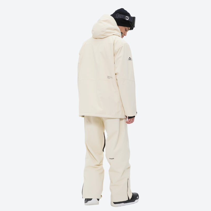 Men's breathable ski jacket and pants combo - cream, on-model back hood view, for skiing and snowboarding
