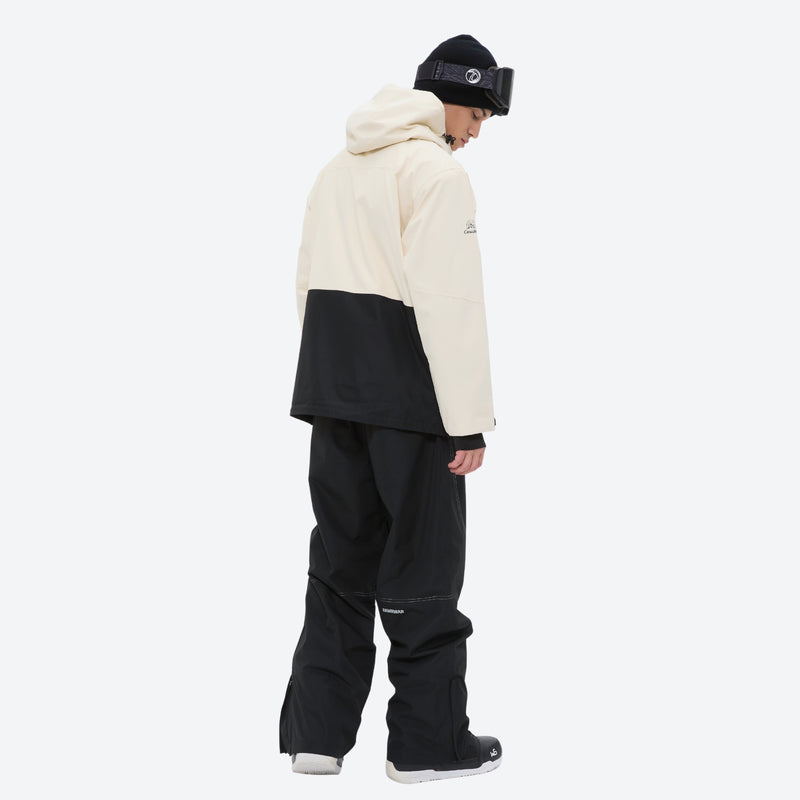 Men's waterproof 2L snow jacket and pants set - cream and black colorblock, for powder and piste riding