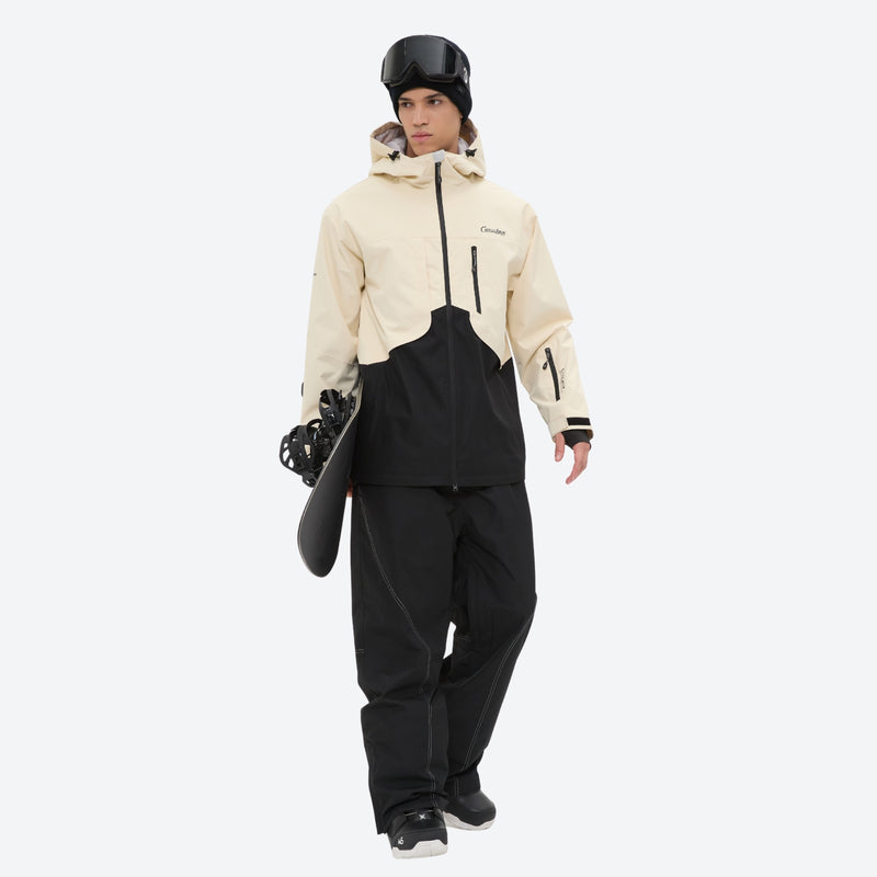 Men's breathable ski jacket and pants combo - cream and black colorblock, for skiing and snowboarding