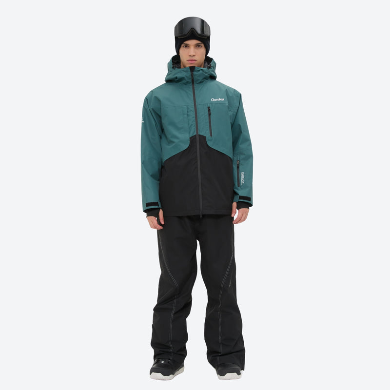 Waterproof 2L snow jacket and pants set - teal and black colorblock, for resort and powder riding