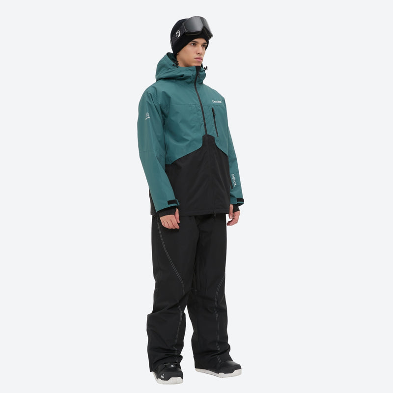 Colorblock ski jacket and pants set - teal and black colorblock, for cold-weather winter sports