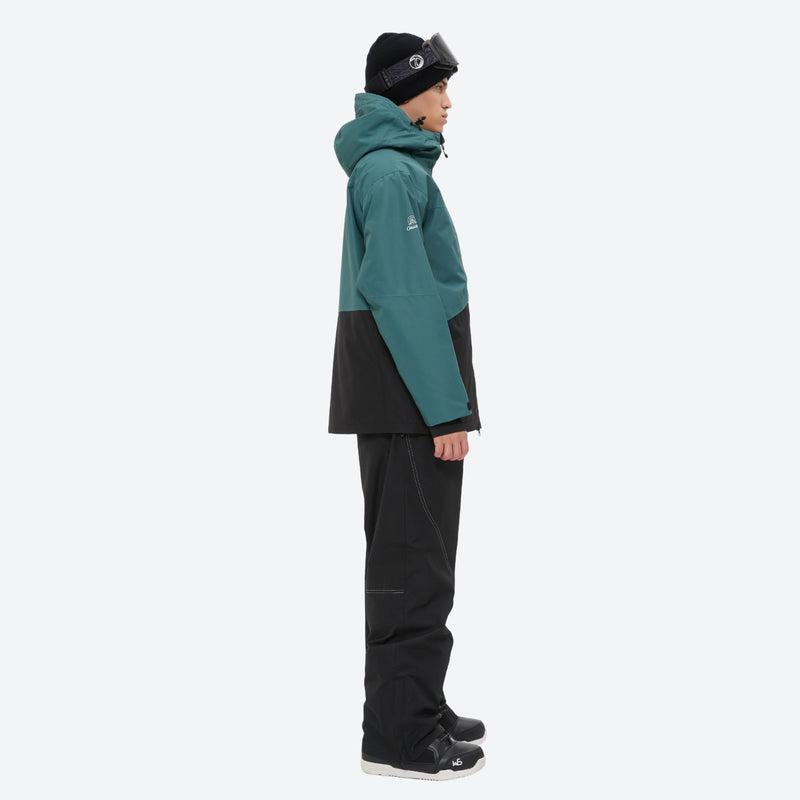 Breathable 2L snowboard jacket and pants - teal and black colorblock, on-model side view, for skiing and snowboarding