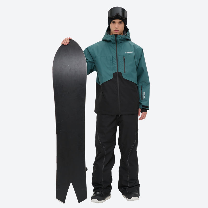 Waterproof 2L snow jacket and pants set - teal and black colorblock, for all-mountain and backcountry days