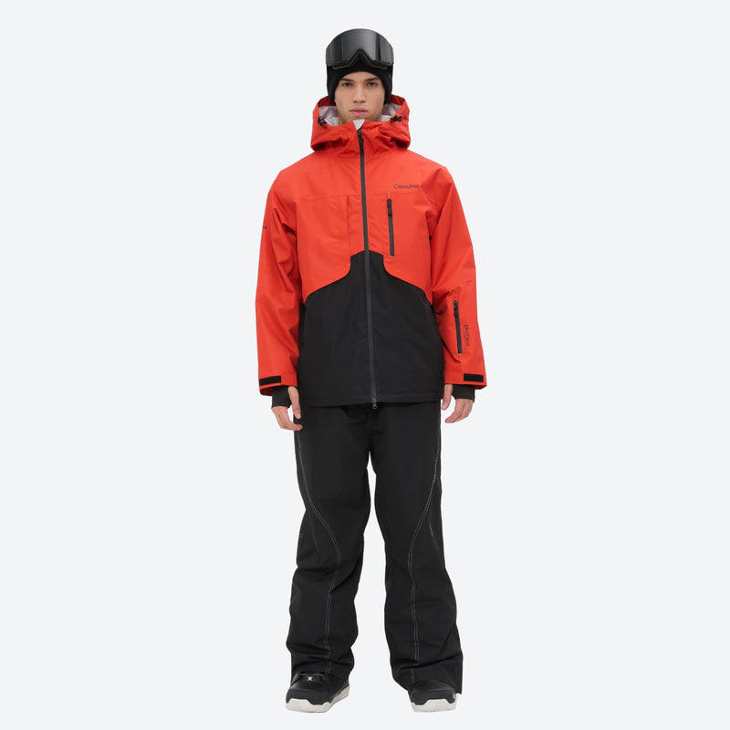 Men's waterproof 2L snow jacket and pants set - orange and black colorblock, for cold-weather winter sports