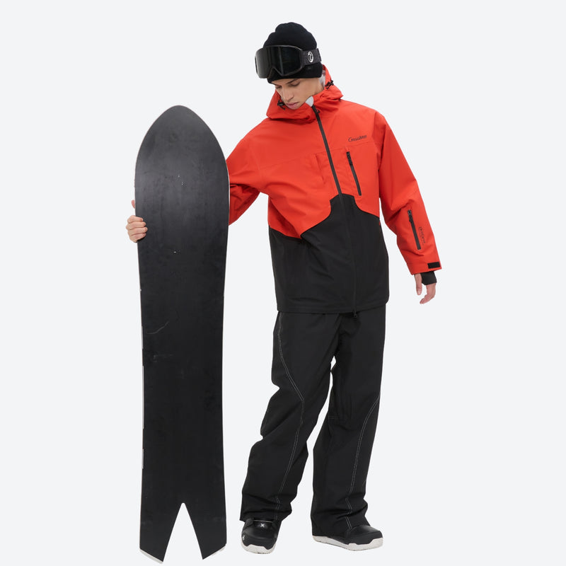 Men's breathable ski jacket and pants combo - orange and black colorblock, for skiing and snowboarding