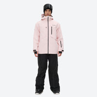 
                  
                    Men's breathable ski jacket and pants combo - light pink jacket with black pants, for cold-weather winter sports
                  
                