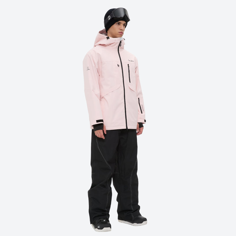 Men's colorblock snowboard jacket and pants - light pink jacket with black pants, for skiing and snowboarding