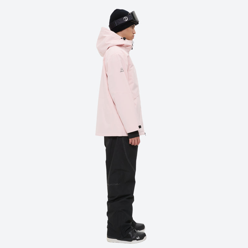 Men's waterproof 2L snow jacket and pants set - light pink jacket with black pants, for resort and backcountry days