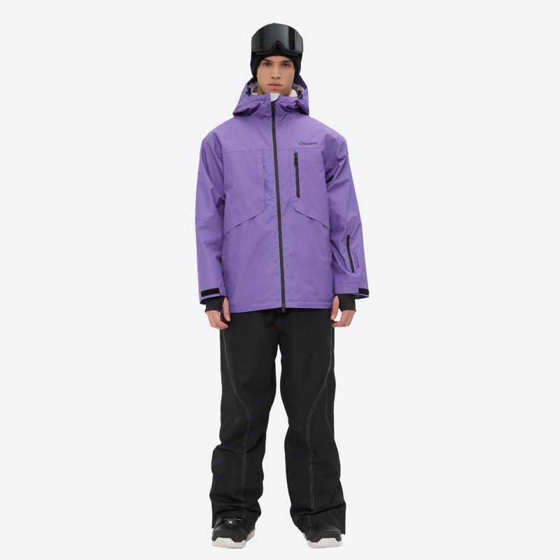 Waterproof 2L snow jacket and pants set - purple and black colorblock, for all-mountain and backcountry days