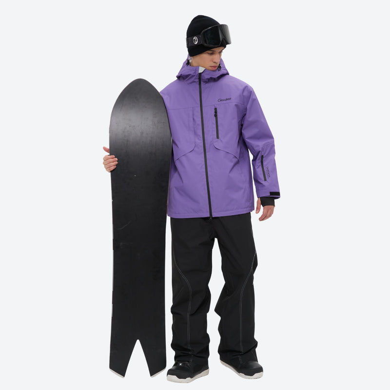 Breathable 2L snowboard jacket and pants - purple and black colorblock, for skiing and snowboarding