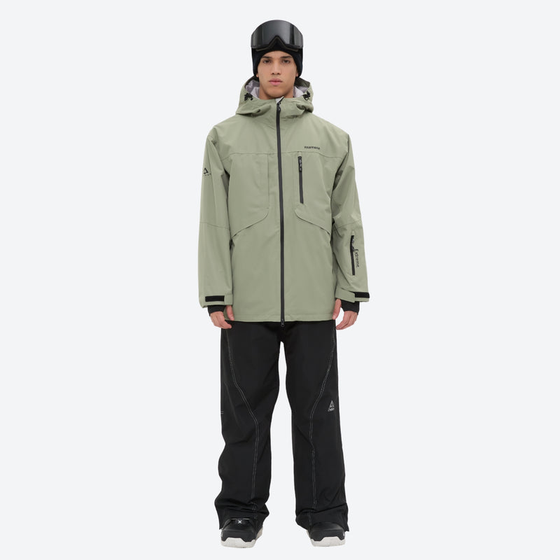 Men's colorblock snowboard jacket and pants - sage green jacket with black pants, for powder and piste riding