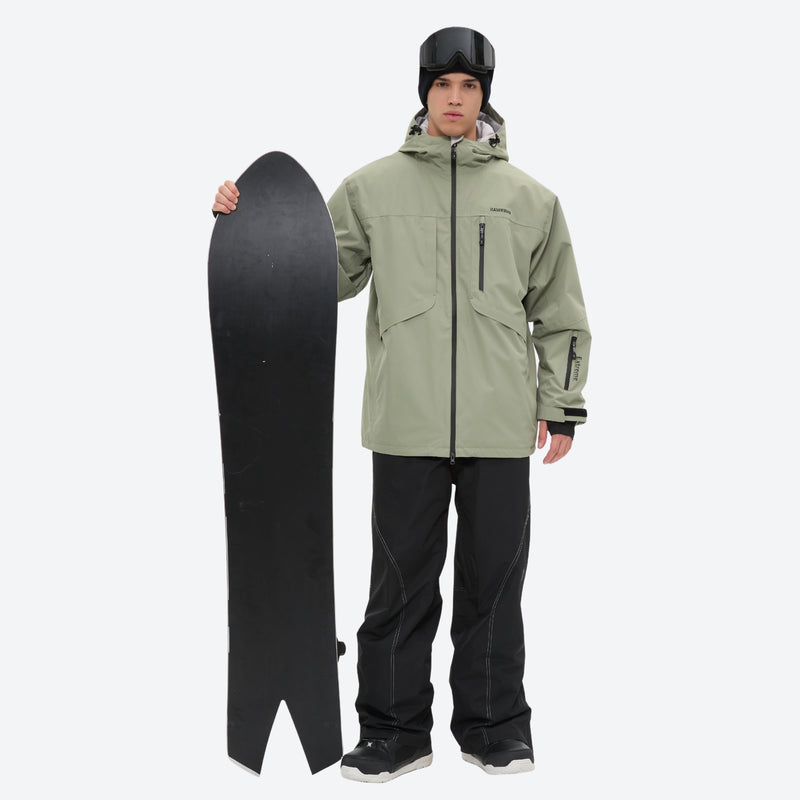 Men's breathable ski jacket and pants combo - sage green jacket with black pants, for skiing and snowboarding