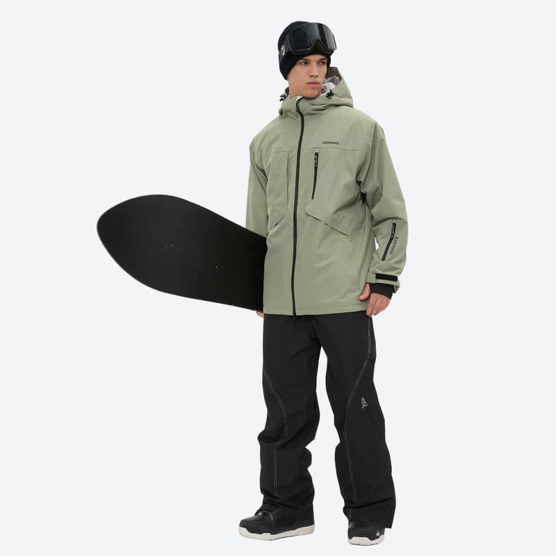 Men's colorblock snowboard jacket and pants - sage green jacket with black pants, for resort and backcountry days