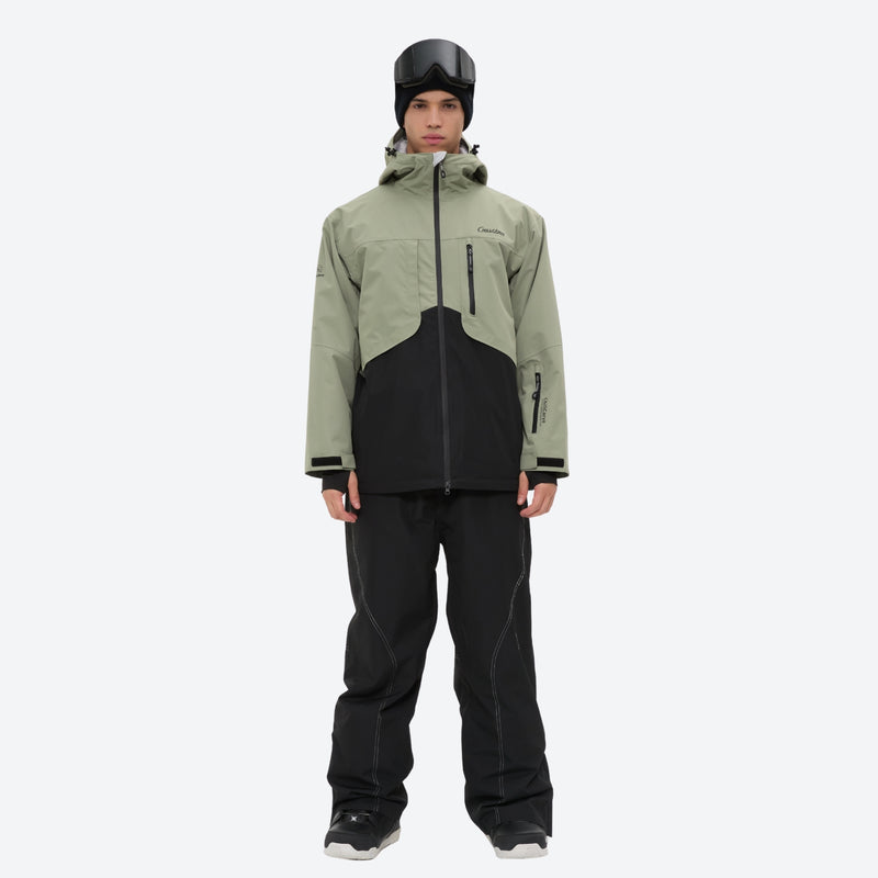 Breathable 2L snowboard jacket and pants - sage green and black colorblock, for cold-weather winter sports