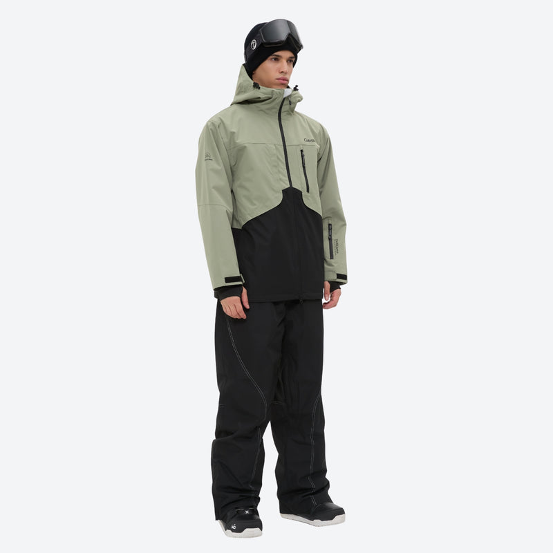 Colorblock ski jacket and pants set - sage green and black colorblock, for all-mountain and backcountry days