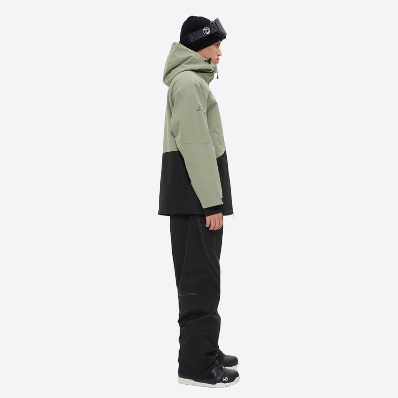 Breathable 2L snowboard jacket and pants - sage green and black colorblock, on-model side view, for resort and powder riding
