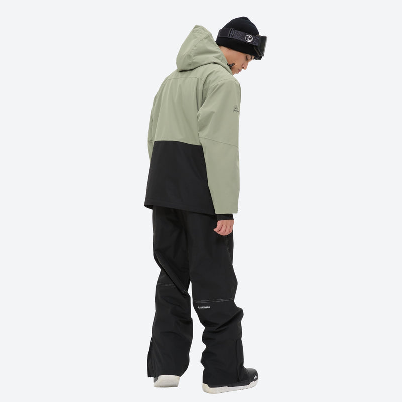 Breathable 2L snowboard jacket and pants - sage green and black colorblock, for all-mountain and backcountry days