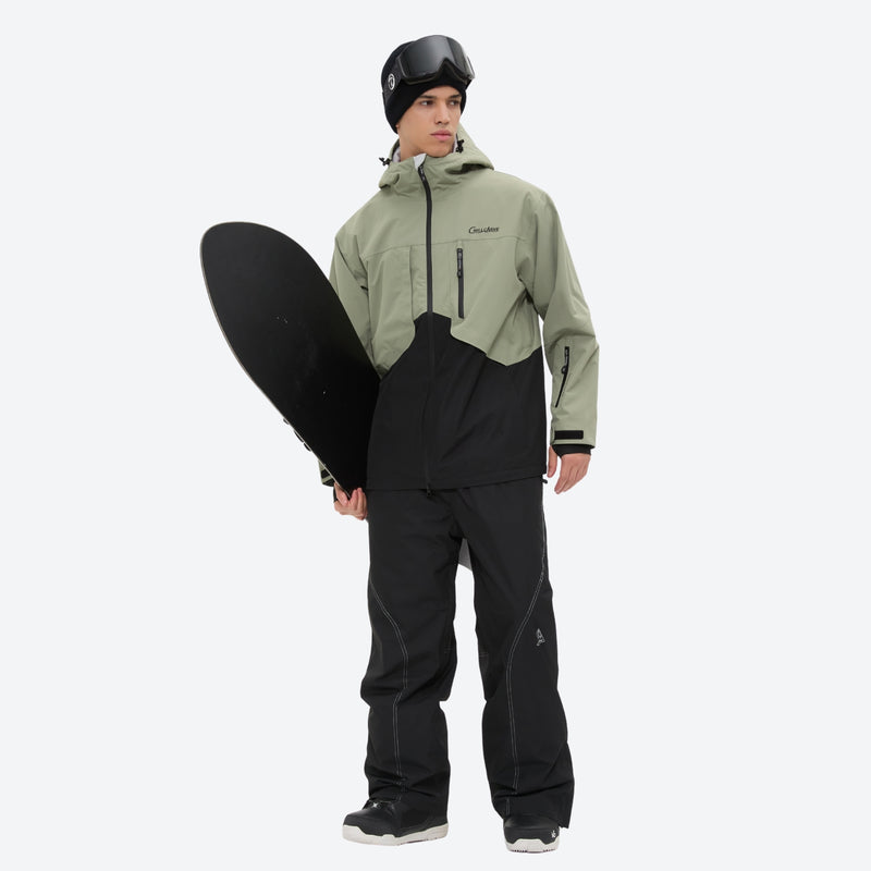 Waterproof 2L snow jacket and pants set - sage green and black colorblock, for cold-weather winter sports