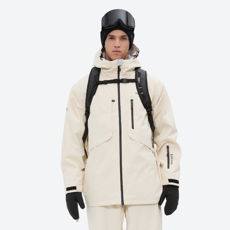 Unisex waterproof 3L bib snow pants - cream jacket with backpack, front view with backpack, for cold-weather winter sports
