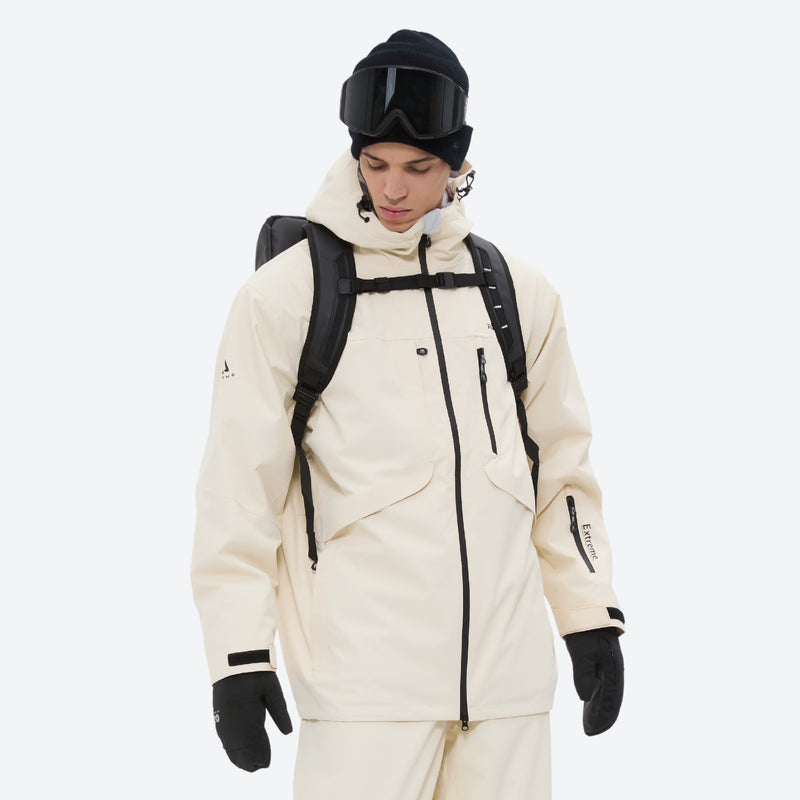 Breathable 3-layer suspender bibs with reflective trim - cream jacket with backpack, for skiing and snowboarding