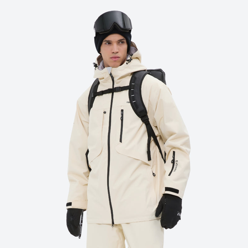 Unisex snowboard bib pants - cream jacket with backpack, front view with backpack, for powder days and winter commute