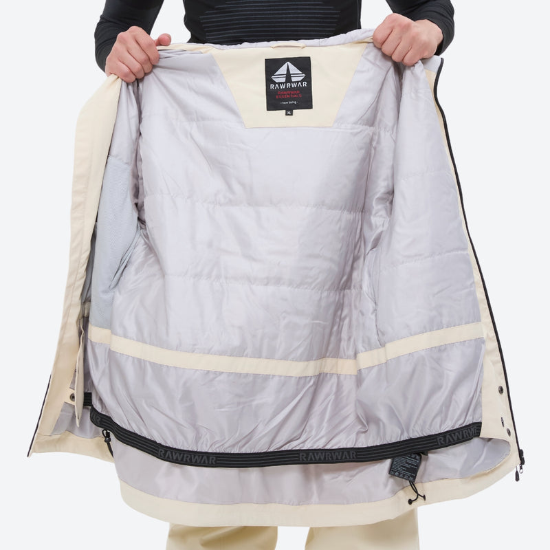 Men's colorblock snowboard jacket and pants - cream, interior lining open flat detail, for cold-weather winter sports