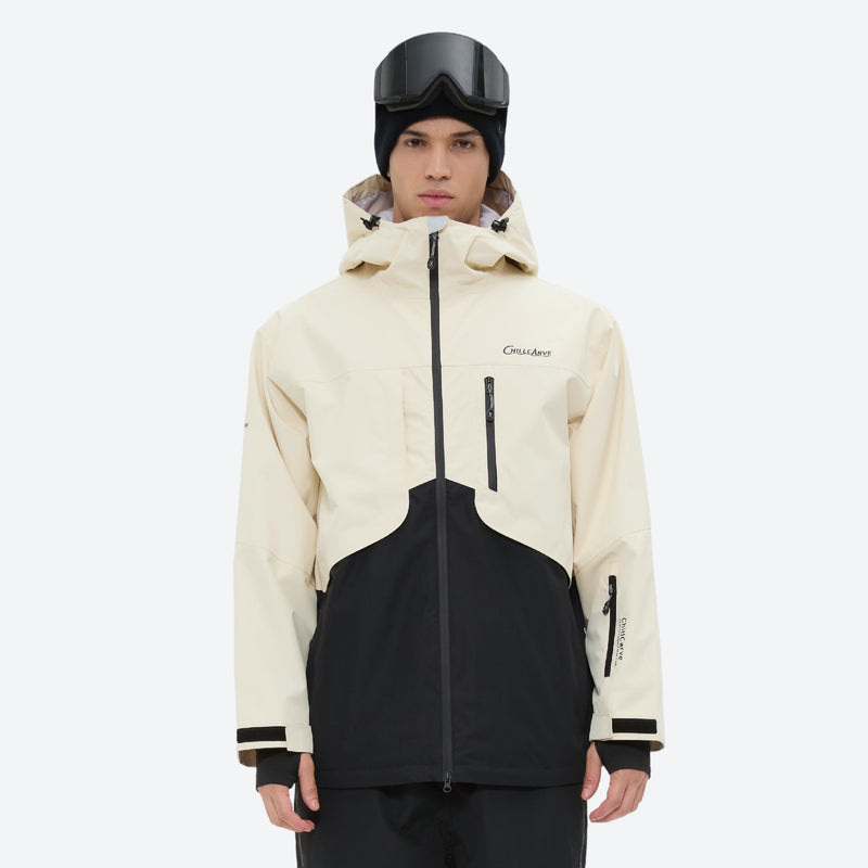 Men's waterproof 2L snow jacket and pants set - cream and black colorblock, for resort and backcountry days