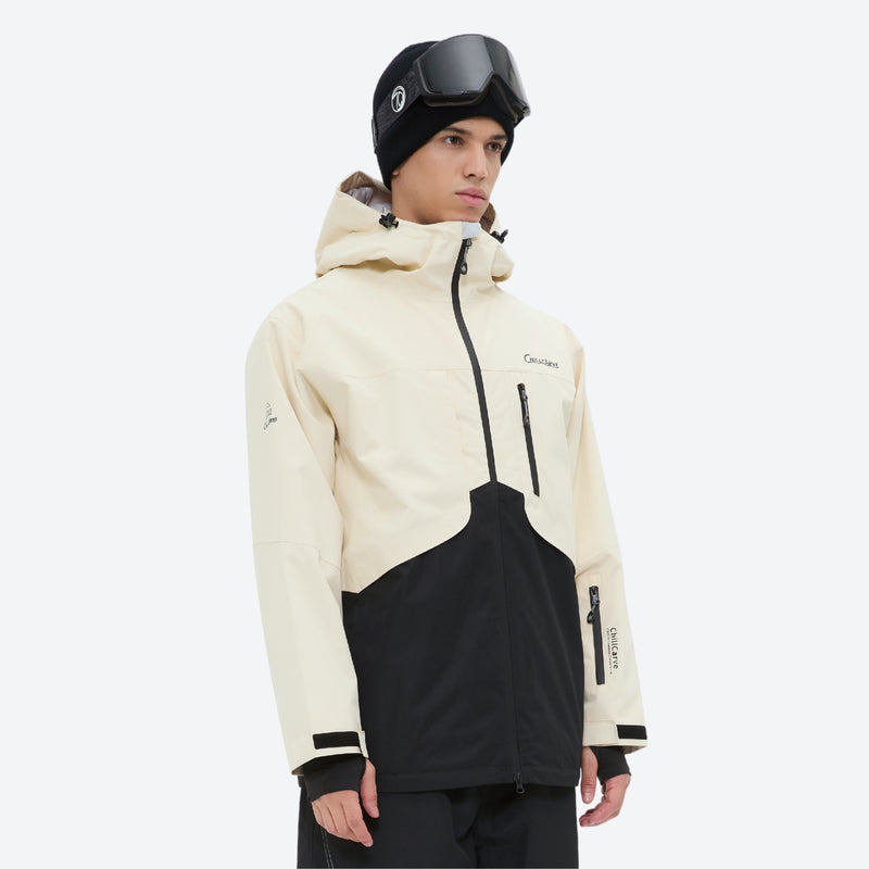 Men's breathable ski jacket and pants combo - cream and black colorblock, for powder and piste riding