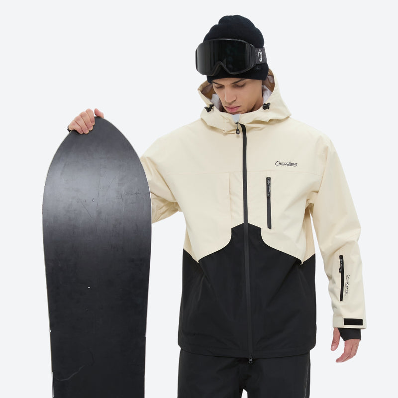 Men's colorblock snowboard jacket and pants - cream and black colorblock, for skiing and snowboarding