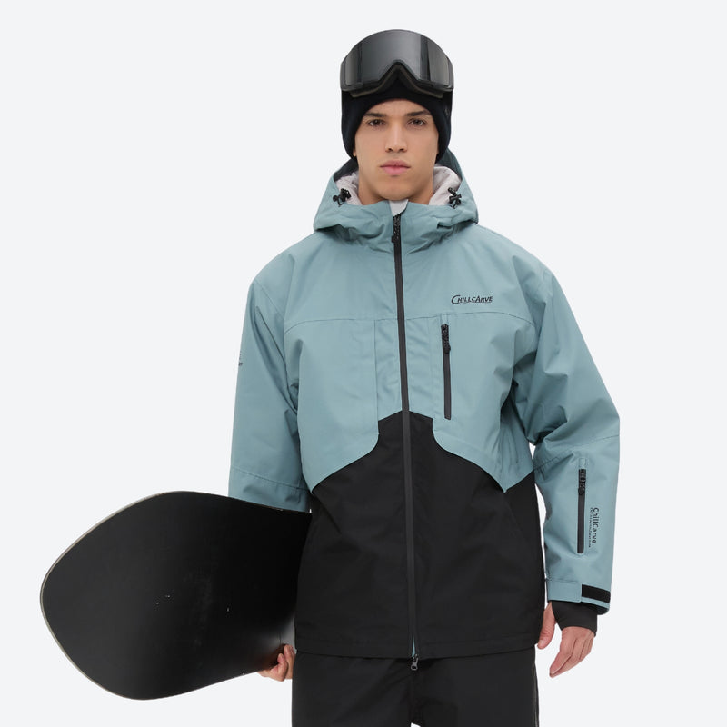 Waterproof 2L snow jacket and pants set - dusty blue and black colorblock, for cold-weather winter sports