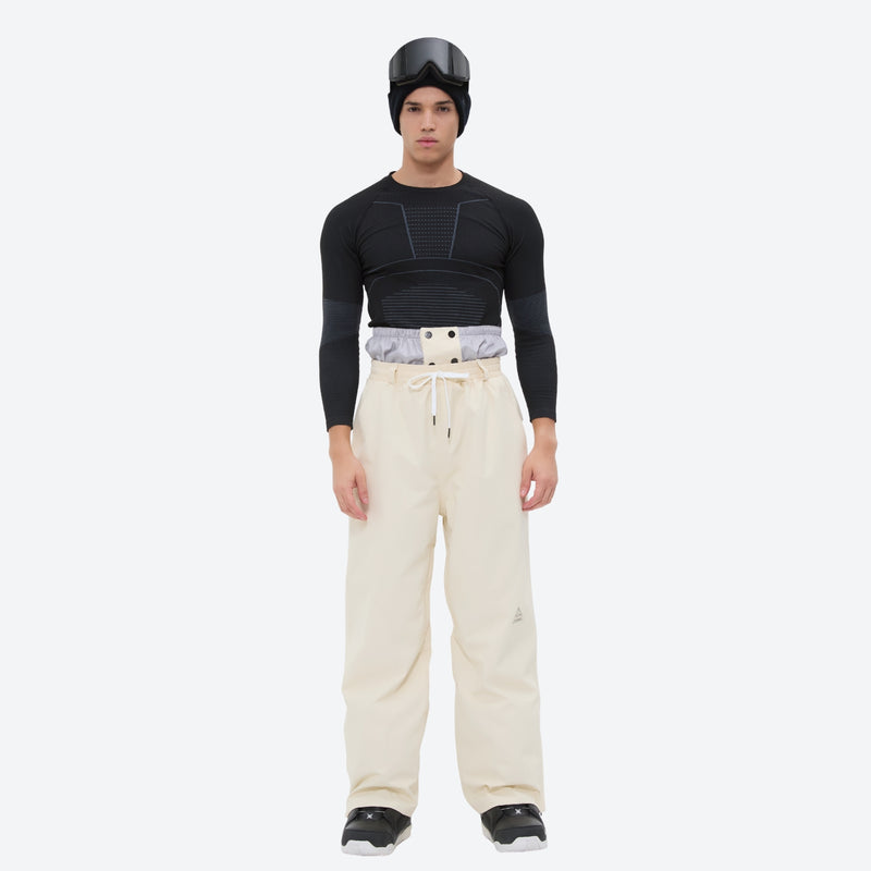 Men's colorblock snowboard jacket and pants - cream pants, on-model front view, for resort and backcountry days