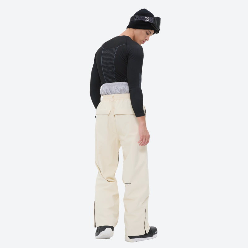 Men's breathable ski jacket and pants combo - cream pants, on-model hood side view, for cold-weather winter sports