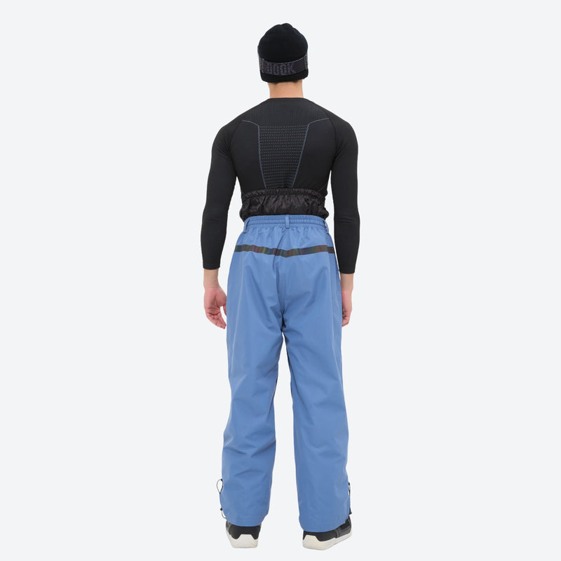 Men's 2-layer snowboard jacket and pants set - blue snow pants, on-model back view, for cold-weather winter sports