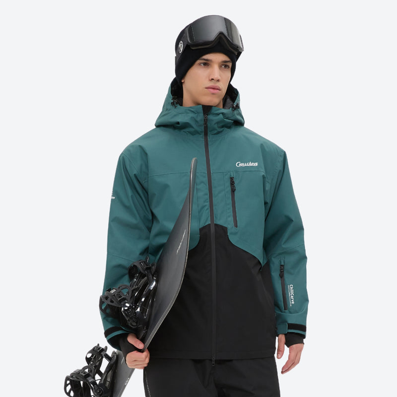 Breathable 2L snowboard jacket and pants - teal and black colorblock, for resort and powder riding