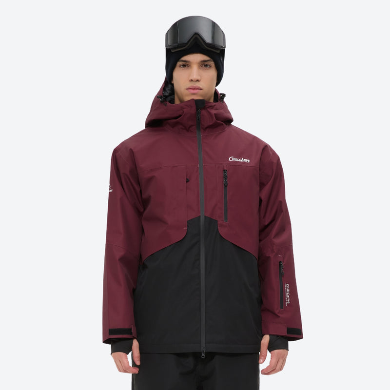 Breathable 2L snowboard jacket and pants - wine and black colorblock, on-model front view, for cold-weather winter sports