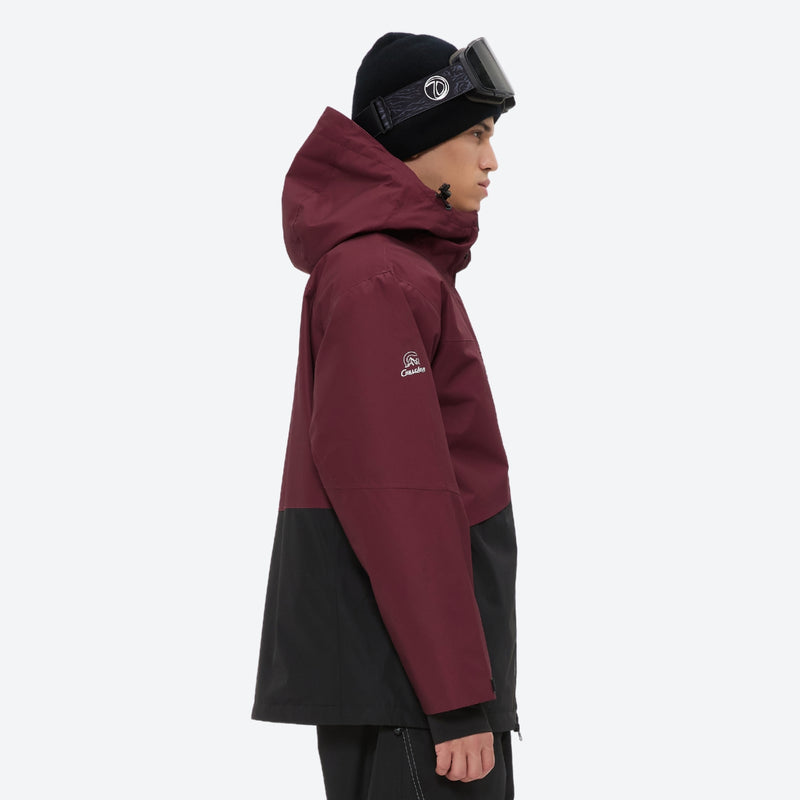 Men's colorblock snowboard jacket and pants - wine and black colorblock, for resort and backcountry days