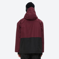 
                  
                    Colorblock ski jacket and pants set - wine and black colorblock, on-model back view, for all-mountain and backcountry days
                  
                