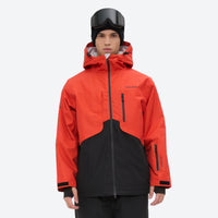 
                  
                    Colorblock ski jacket and pants set - orange-red and black colorblock, on-model front view, for resort and powder riding
                  
                