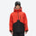 Colorblock ski jacket and pants set - orange-red and black colorblock, on-model front view, for resort and powder riding