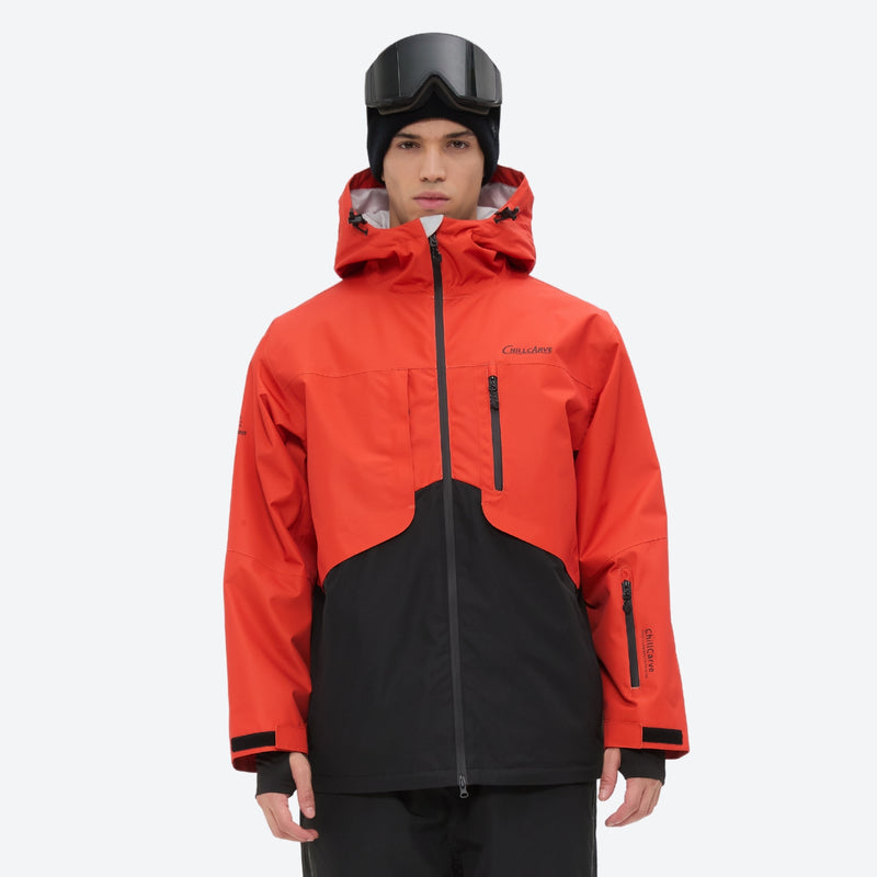 Colorblock ski jacket and pants set - orange-red and black colorblock, on-model front view, for resort and powder riding