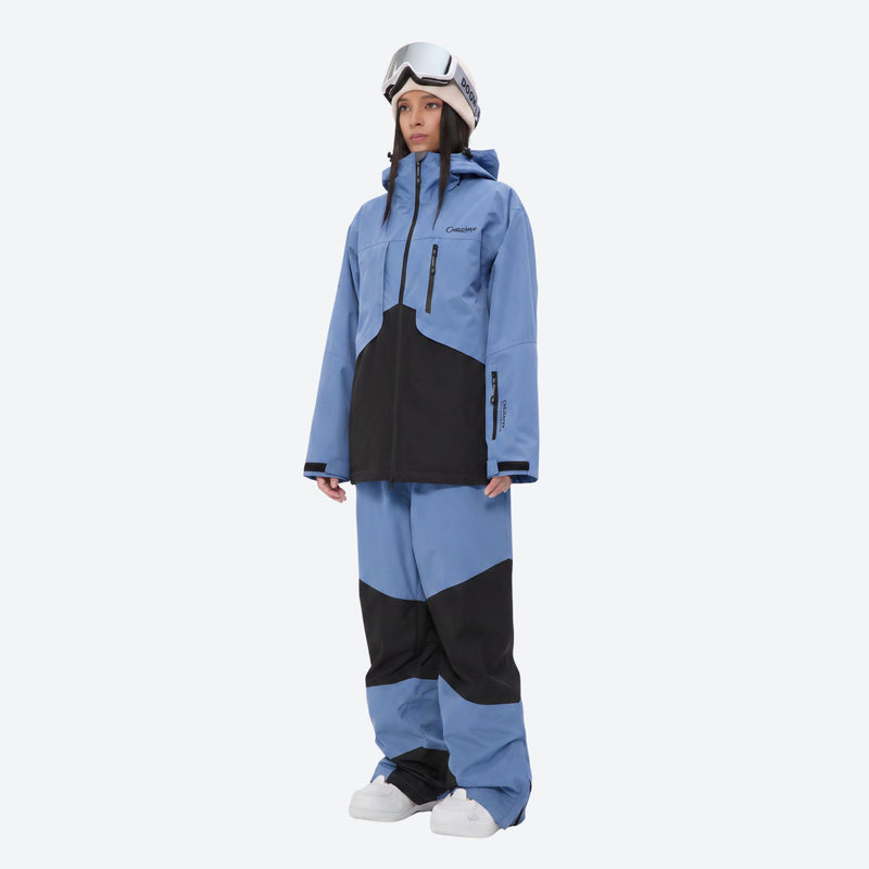 Breathable ski jacket and snow pants combo - blue and black colorblock, for skiing and snowboarding