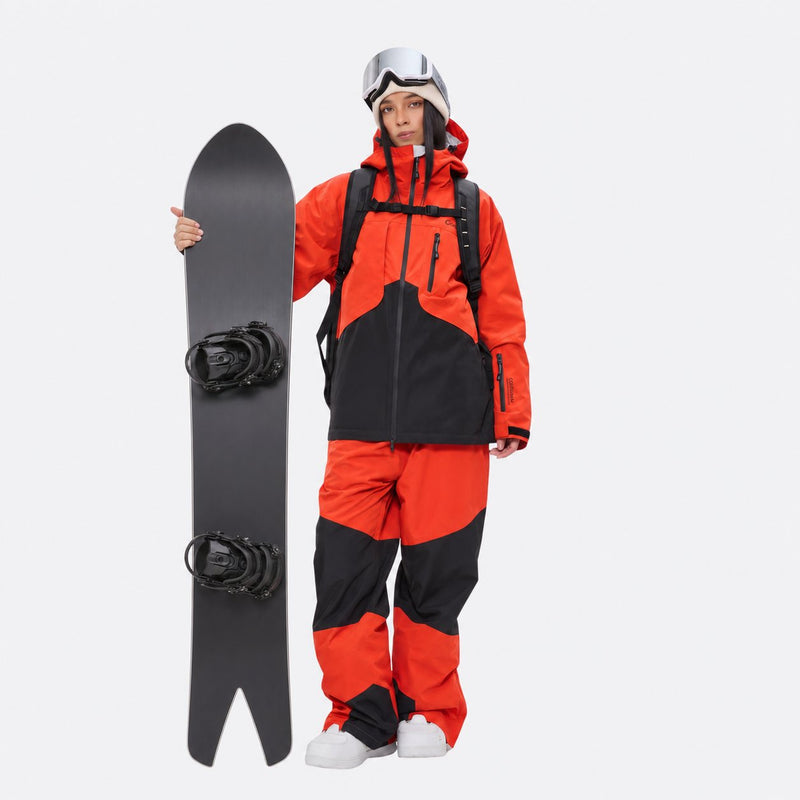 Colorblock ski jacket and pants set - women's orange-red and black colorblock, for resort and powder riding