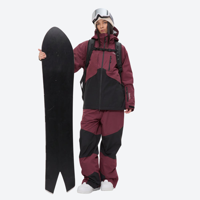 Waterproof snow jacket and pants set - wine and black colorblock, for cold-weather winter sports